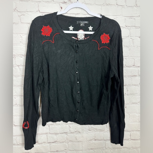Hell Bunny Sweaters - Hell Bunny Retro Rockabilly Vintage Pinup Tattoo Rose Cardigan Sweater Large